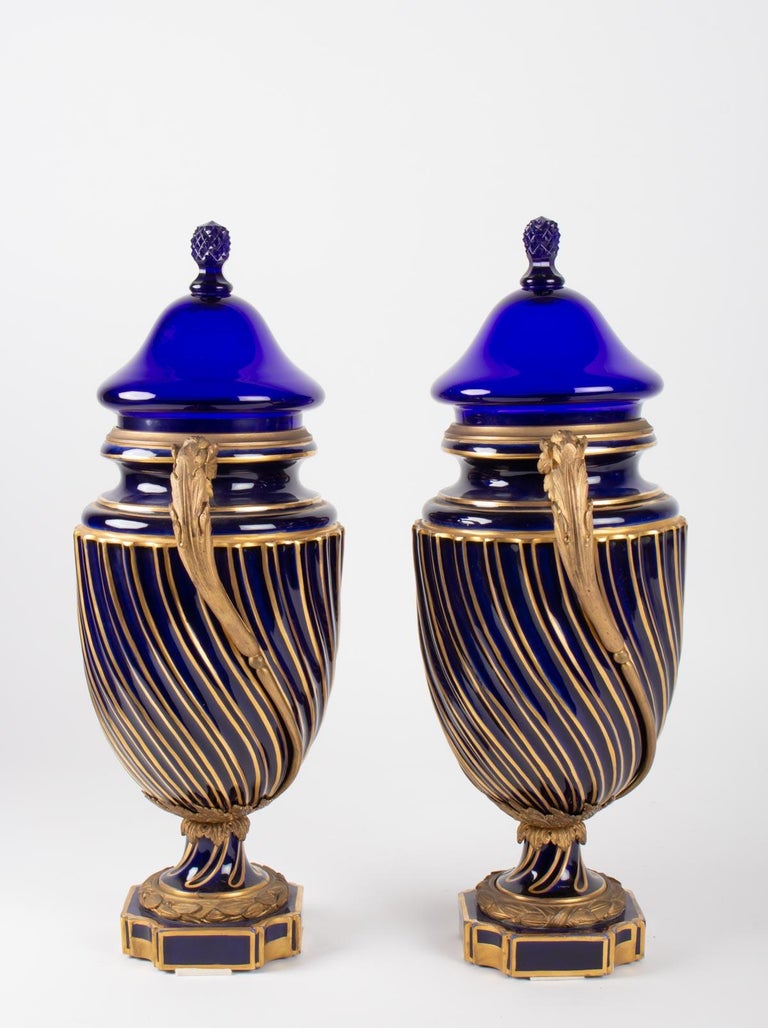 Pair of Vases Sèvres, Mounts Anses and Gilt Bronze, Sèvres Blue Crystal