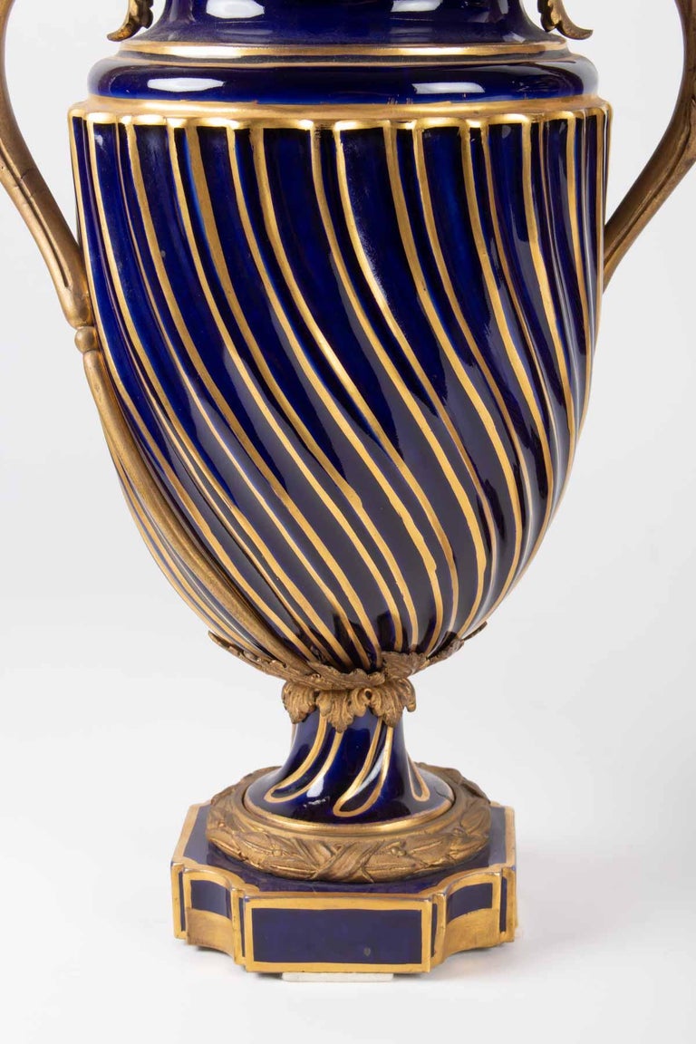 Pair of Vases Sèvres, Mounts Anses and Gilt Bronze, Sèvres Blue Crystal