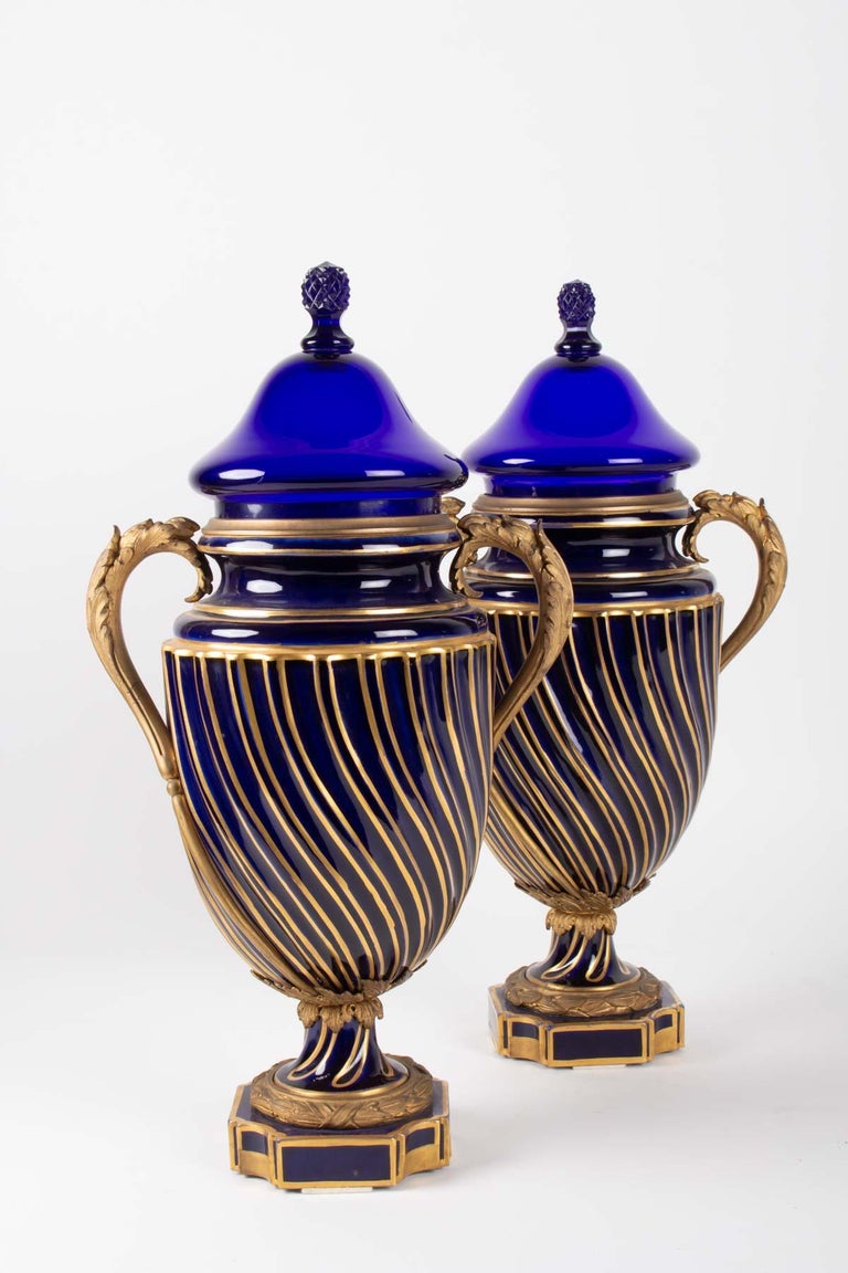 Pair of Vases Sèvres, Mounts Anses and Gilt Bronze, Sèvres Blue Crystal