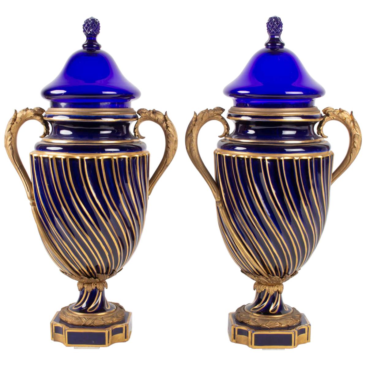 Pair of Vases Sèvres, Mounts Anses and Gilt Bronze, Sèvres Blue Crystal ...