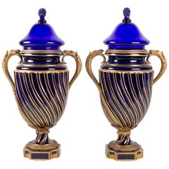 Pair of Vases Sèvres, Mounts Anses and Gilt Bronze, Sèvres Blue Crystal Cover