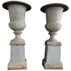 Pair of Vases Urns with Pedestals in Iron from France 20th Century