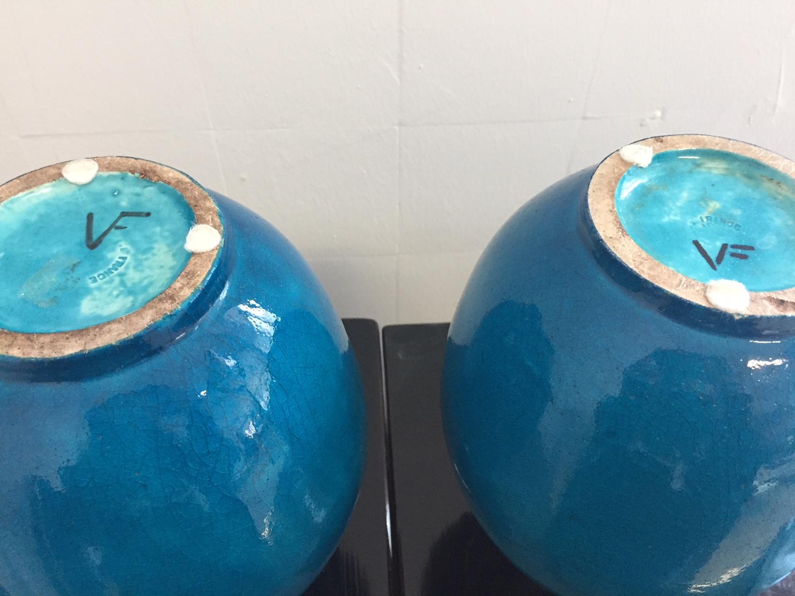 Hand-Crafted Pair of Vases Vallauris France Color Turquoise For Sale
