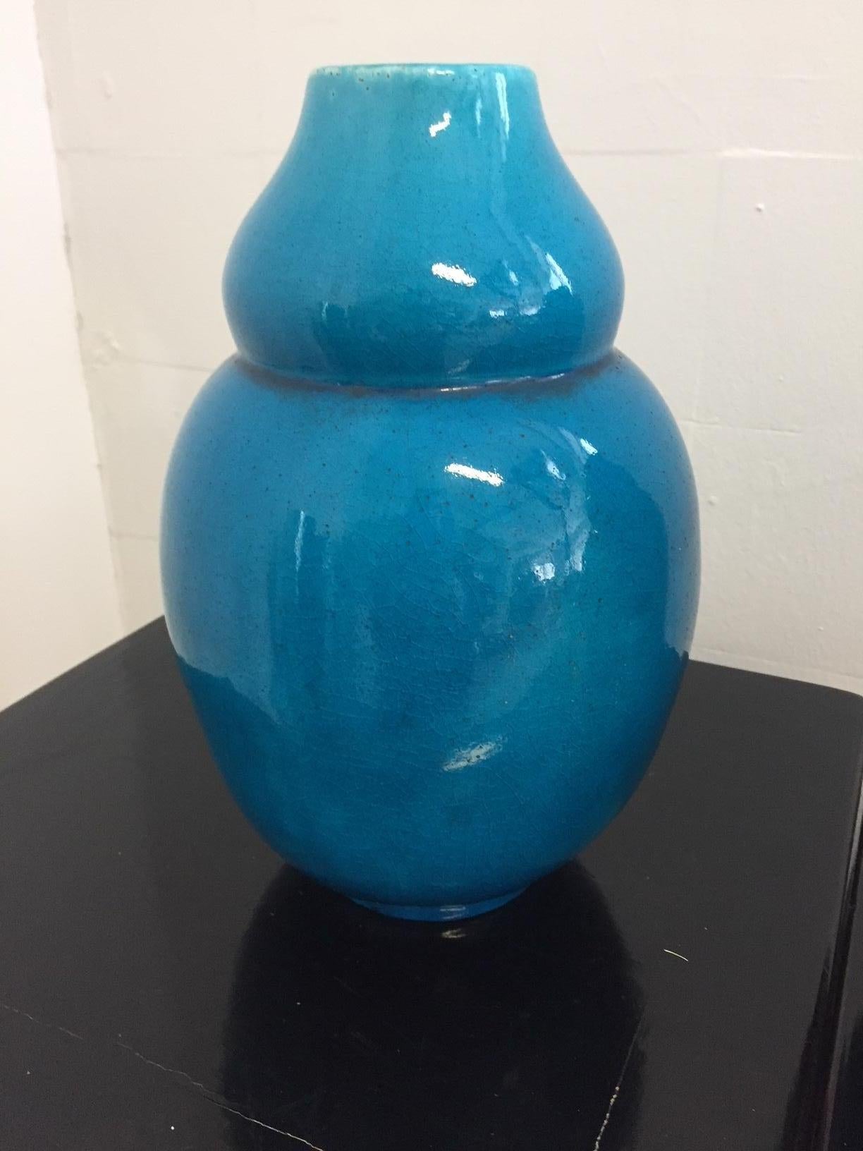 Ceramic Pair of Vases Vallauris France Color Turquoise For Sale