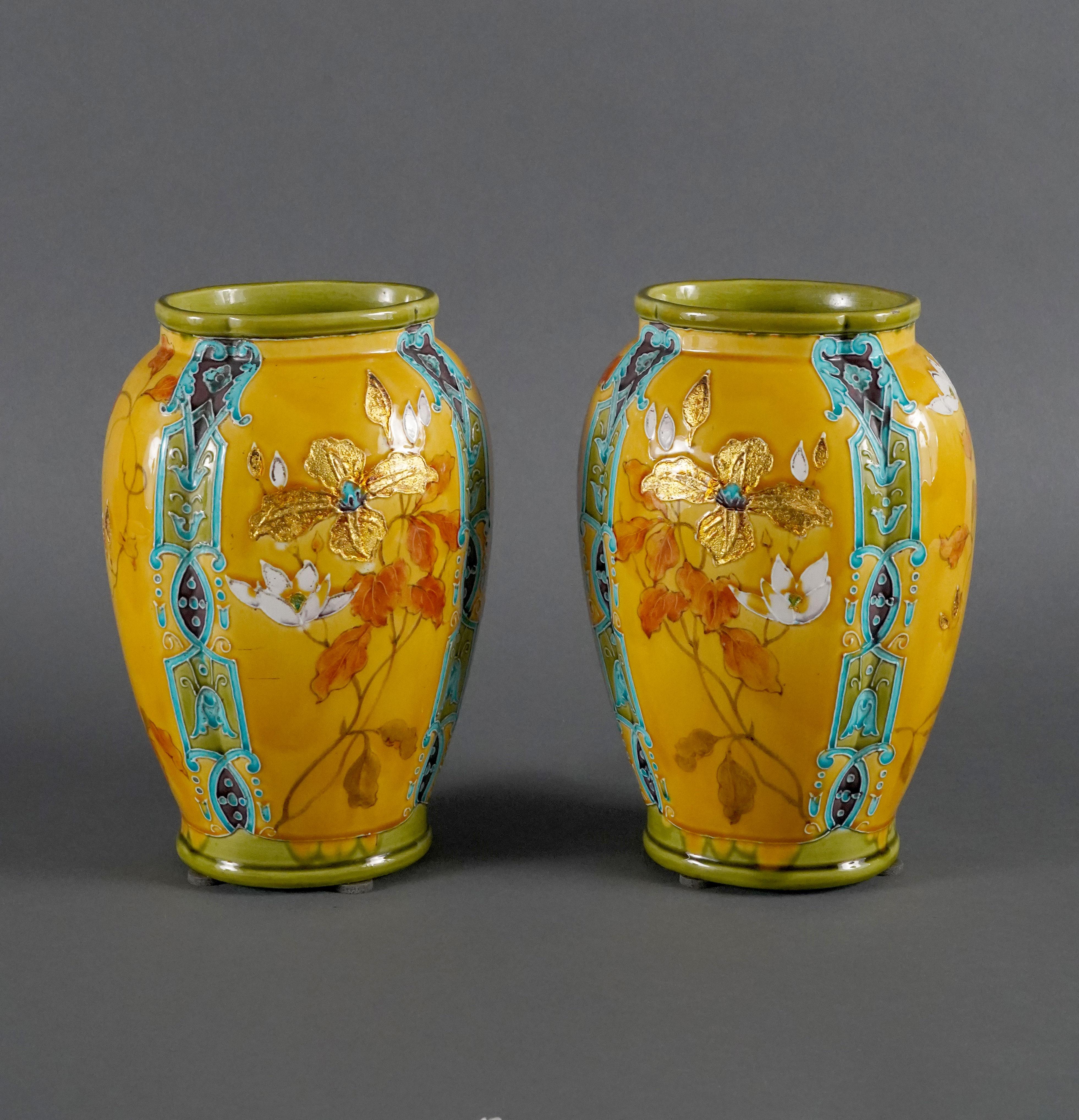 Other Pair of Vases with Bouquets, Gien Manufacture, France, C1880 For Sale