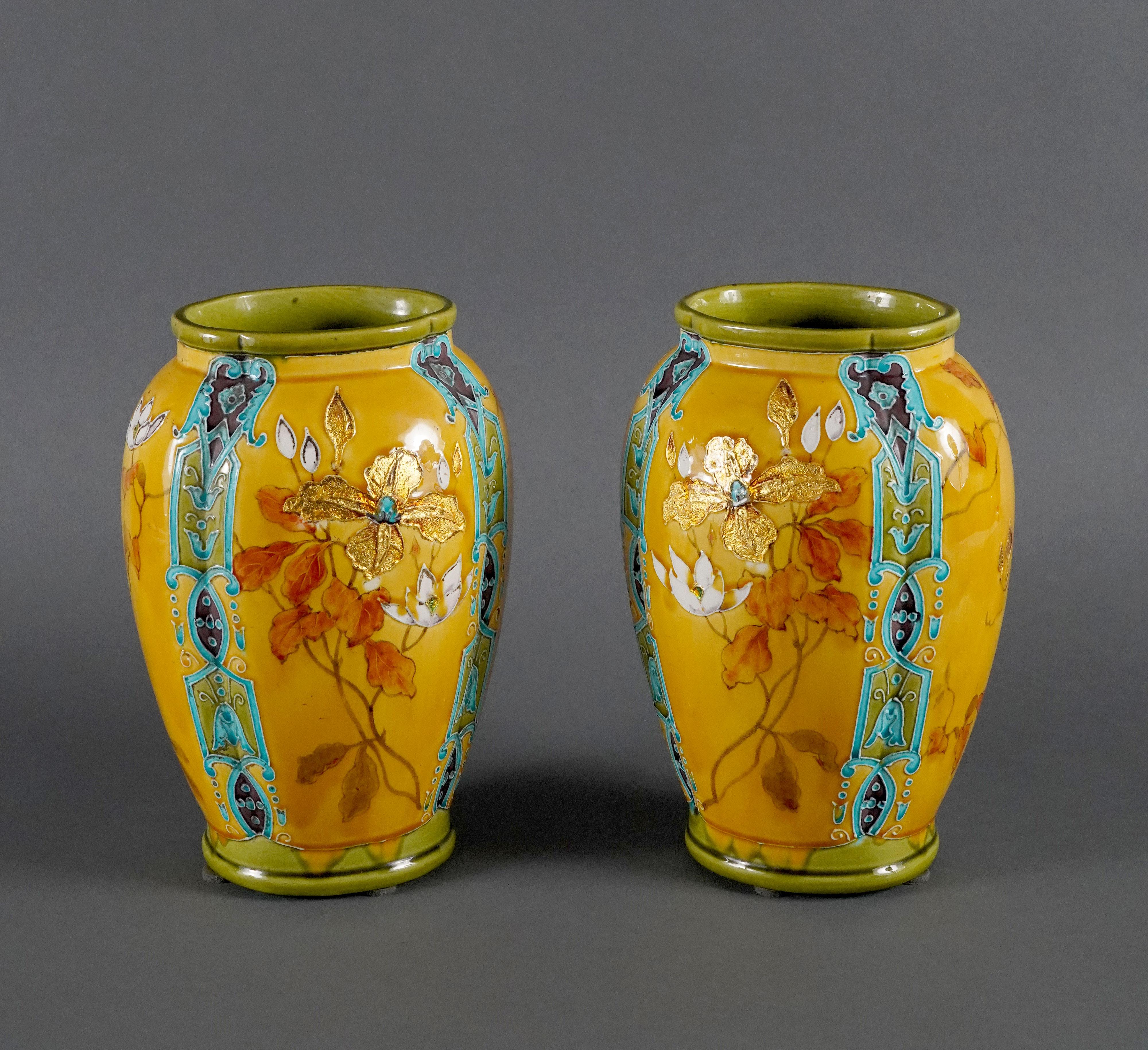 French Pair of Vases with Bouquets, Gien Manufacture, France, C1880 For Sale