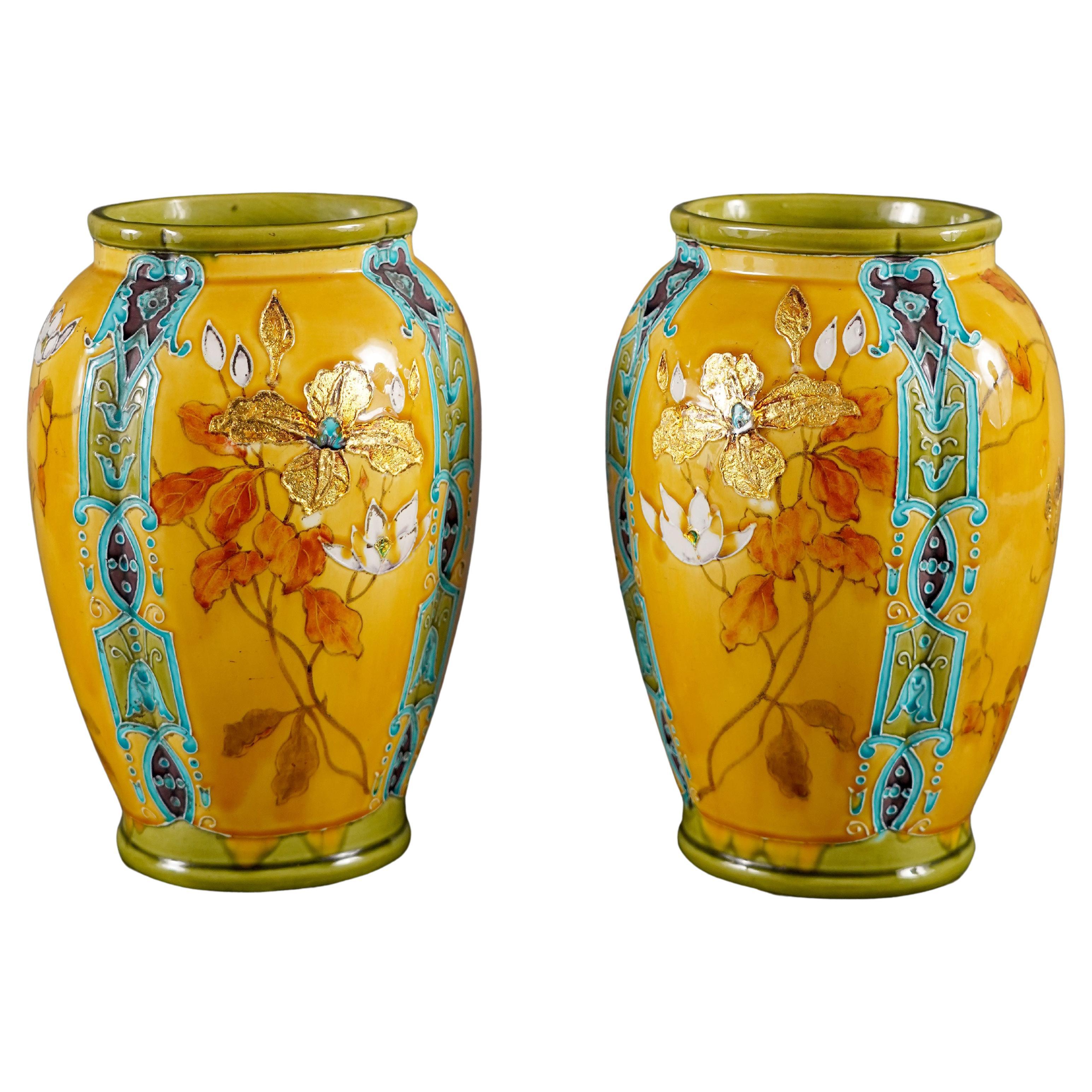 Pair of Vases with Bouquets, Gien Manufacture, France, C1880 For Sale