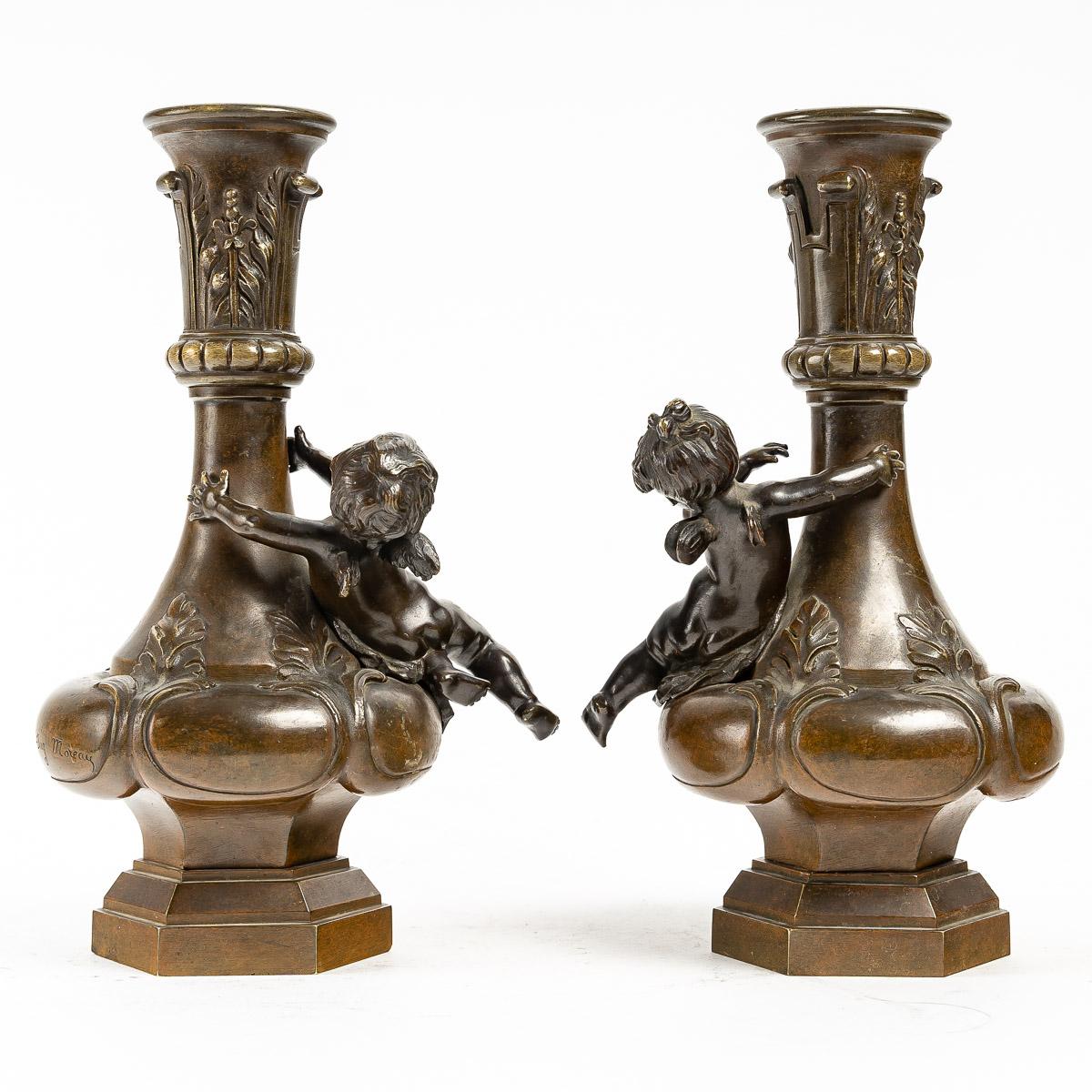 Pair of Vases with Cherubs, Signed Moreau, XIXth Century 3