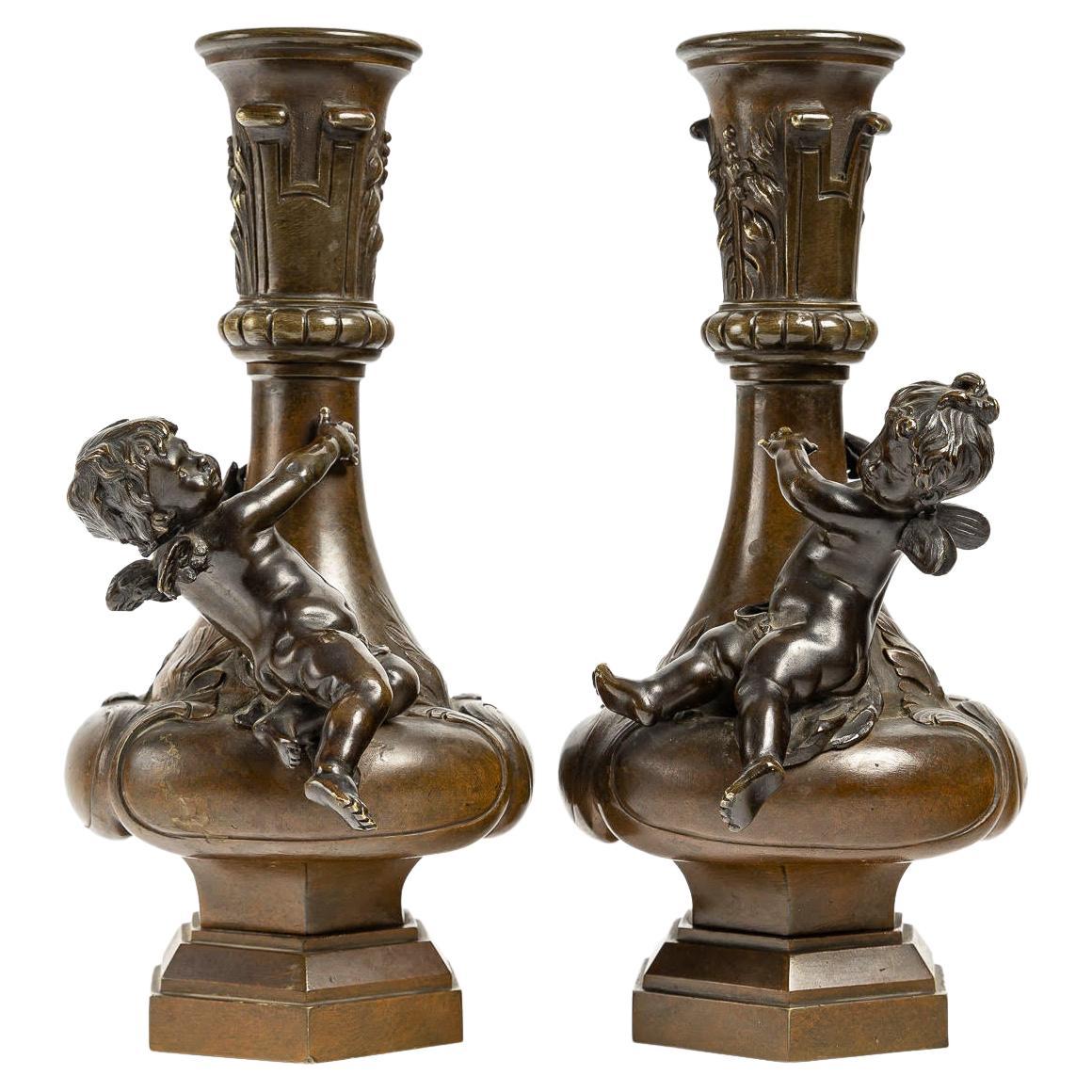 Pair of Vases with Cherubs, Signed Moreau, XIXth Century