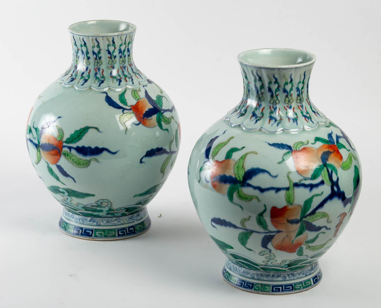 20th Century Pair of Vases with Peach of Longevity Decoration