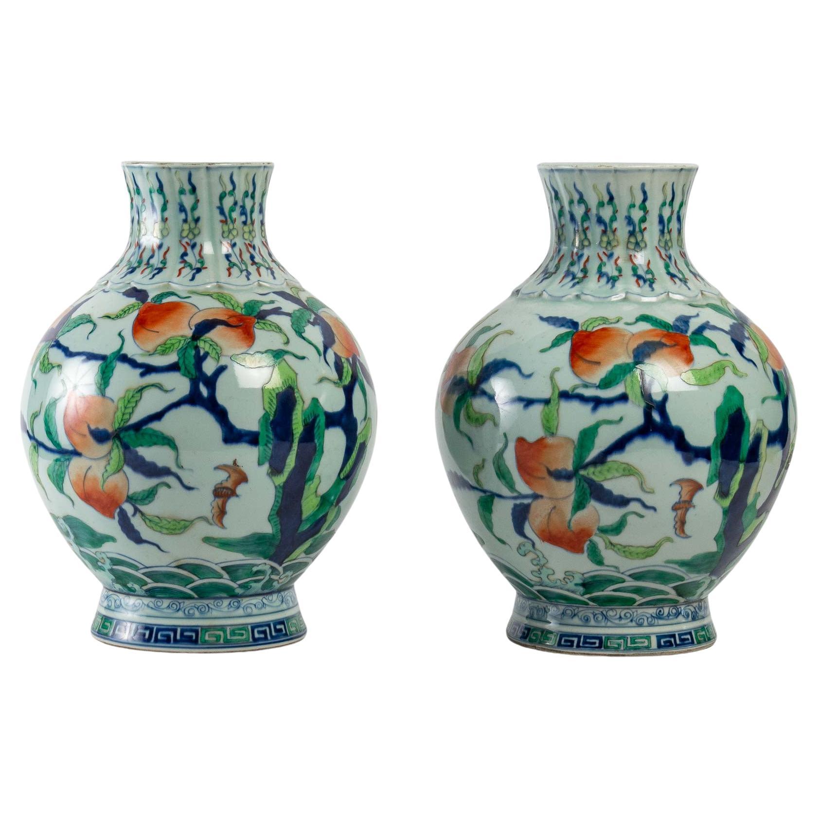 Pair of Vases with Peach of Longevity Decoration