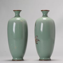 Pair of Vases with Wisteria Flowers & Goldfish on Green Cloisonné Enamel Meiji