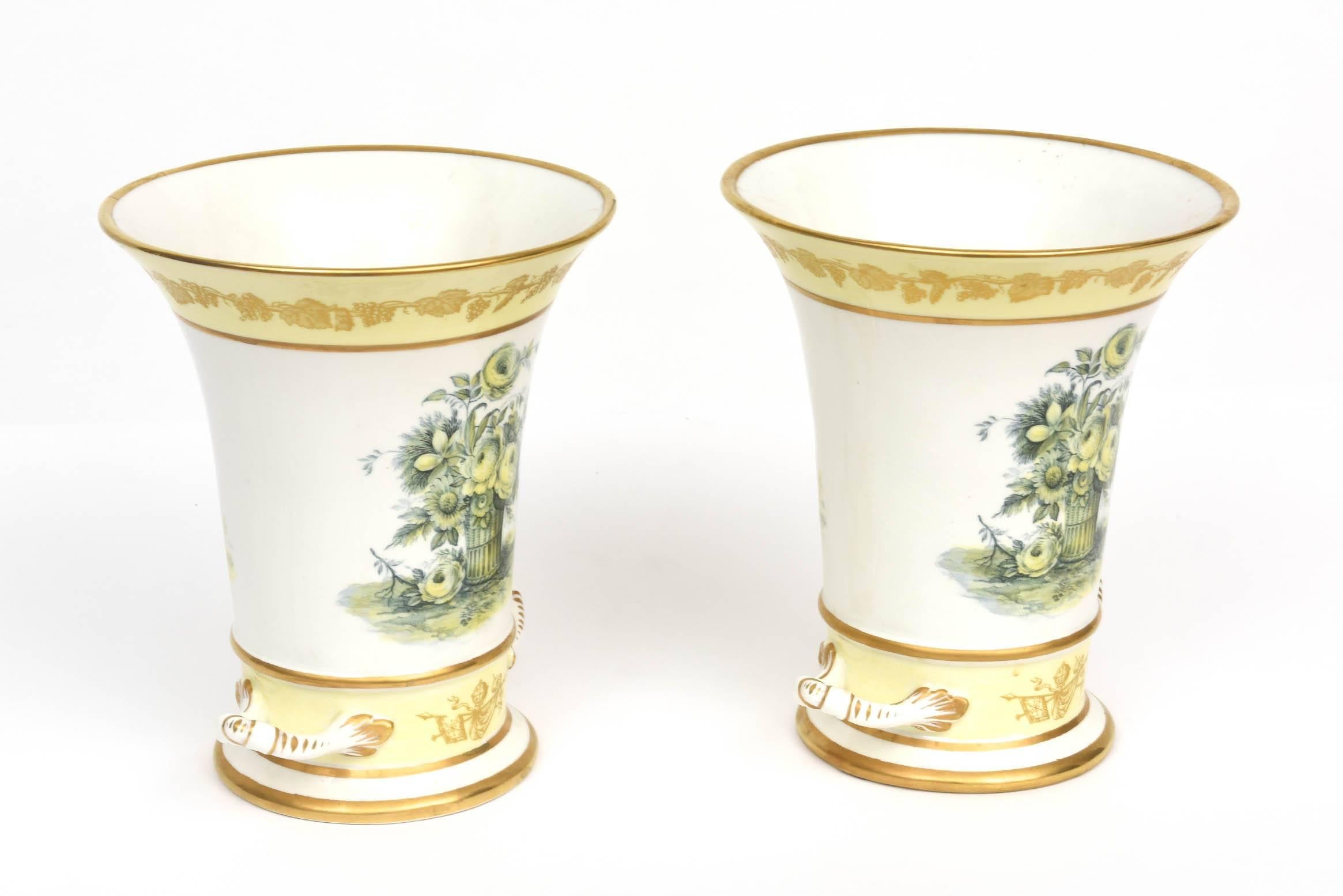 A versatile pair of vases, classically decorated in yellow roses with a great shape. Please see our other coordinating pieces in this pattern. Very nice vintage condition.
