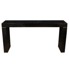 Pair of Vaughan Benz Black Console Tables with Silver Trim