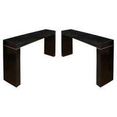 Pair of Vaughan Benz Black Console Tables with Silver Trim