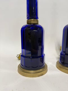 Pair Of Vaughan Cobalt Blue Glass And Brass Column Lamps