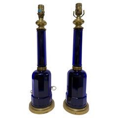 Pair Of Vaughan Cobalt Blue Glass And Brass Column Lamps