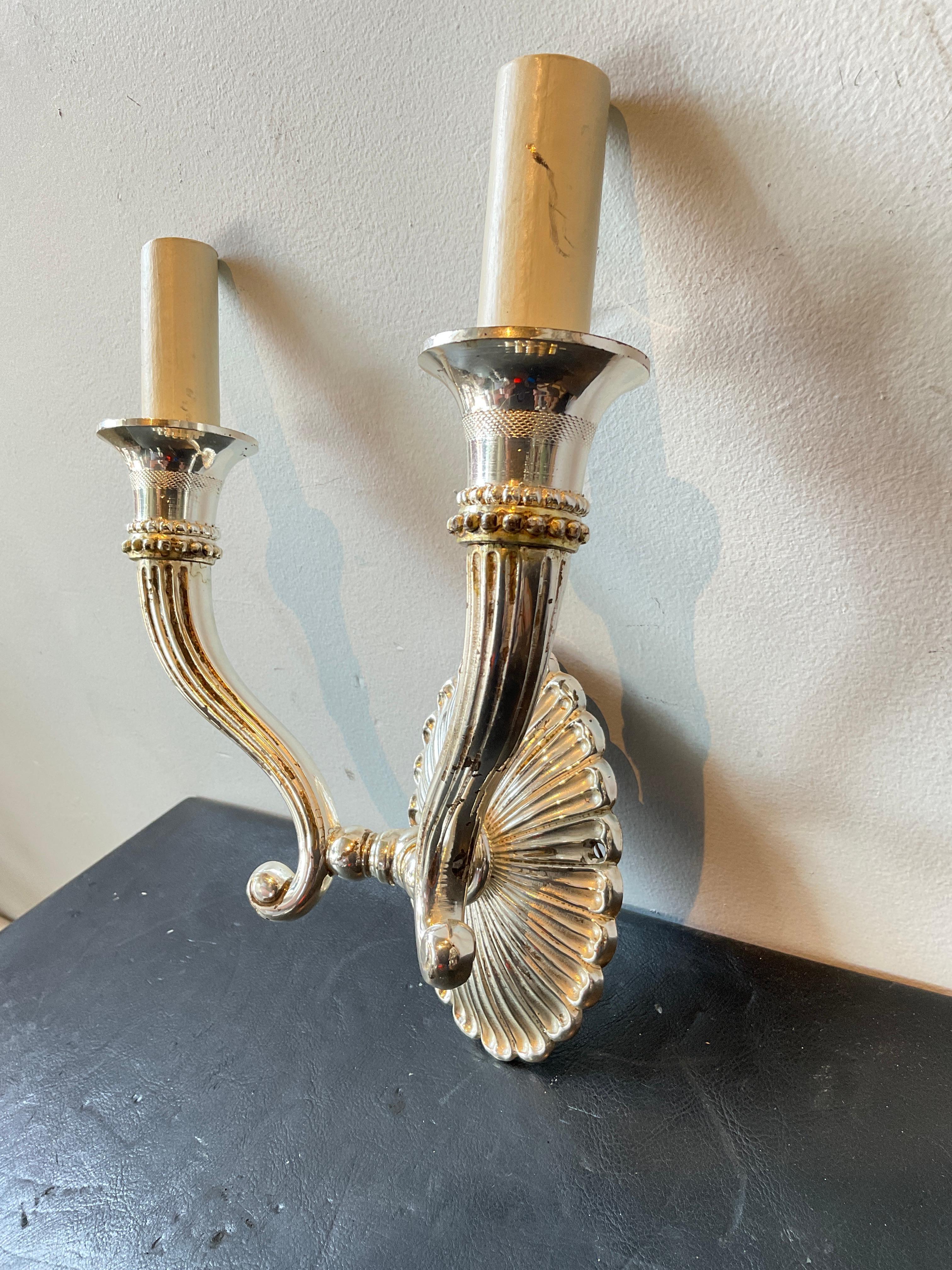 Pair Of Vaughn Silver Plate Double Arm Sudbury sconces In Good Condition For Sale In Tarrytown, NY