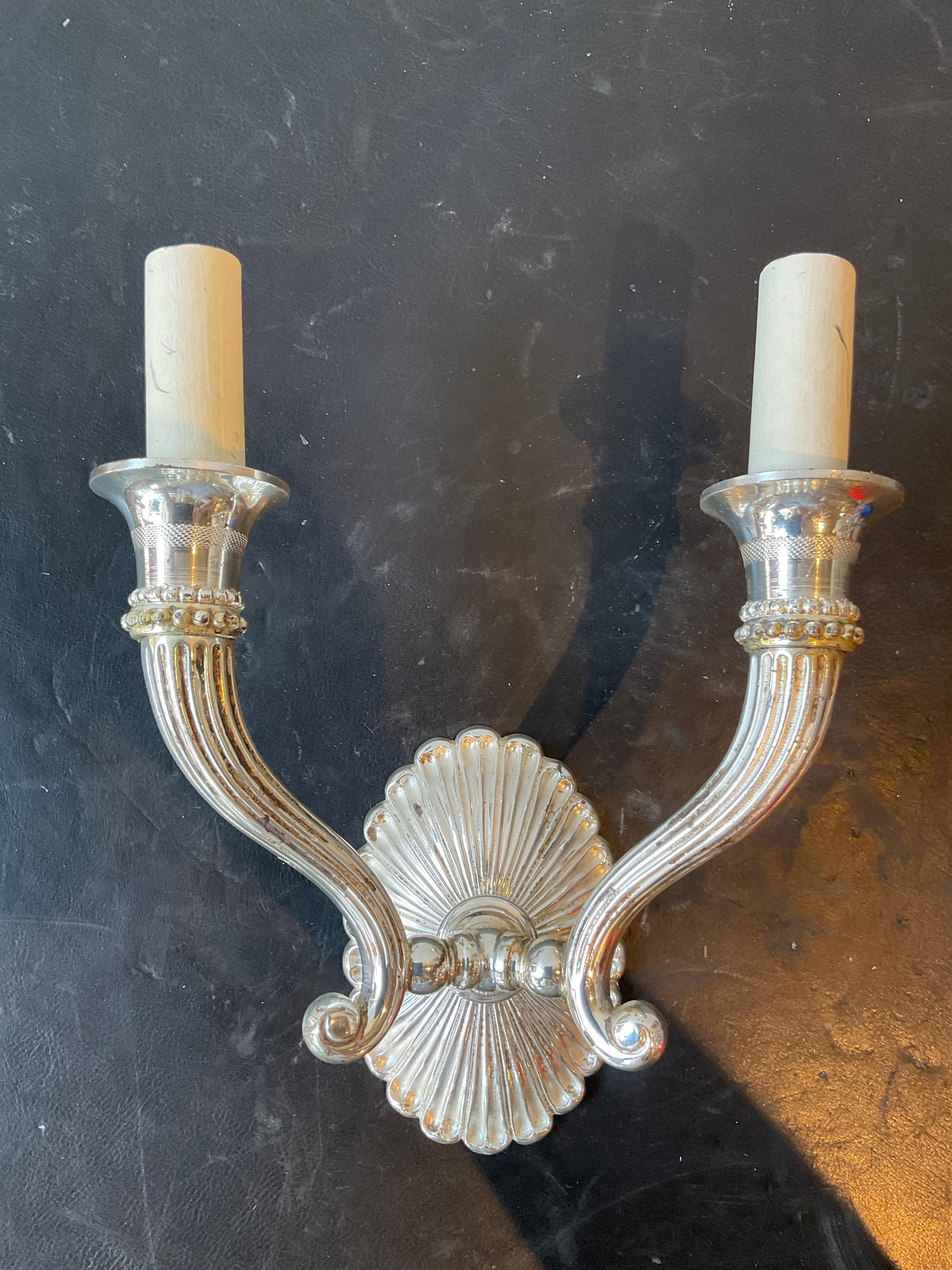 Pair Of Vaughn Silver Plate Double Arm Sudbury sconces For Sale 1