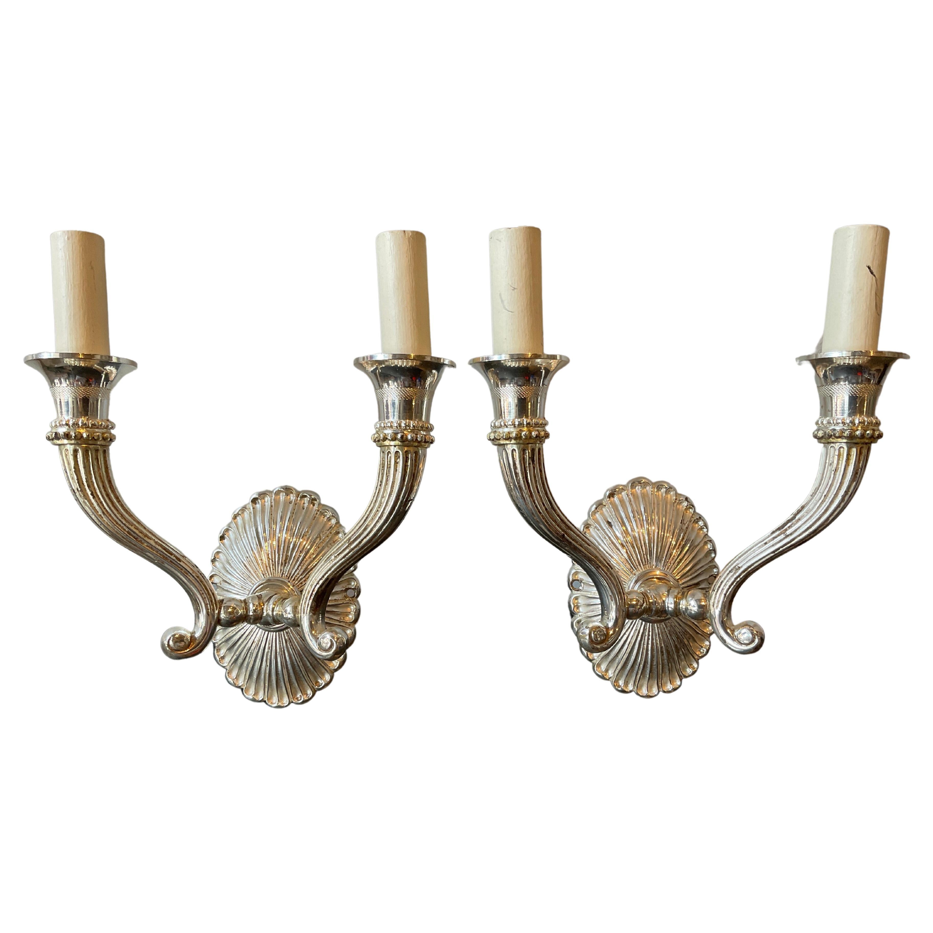 Pair Of Vaughn Silver Plate Double Arm Sudbury sconces For Sale