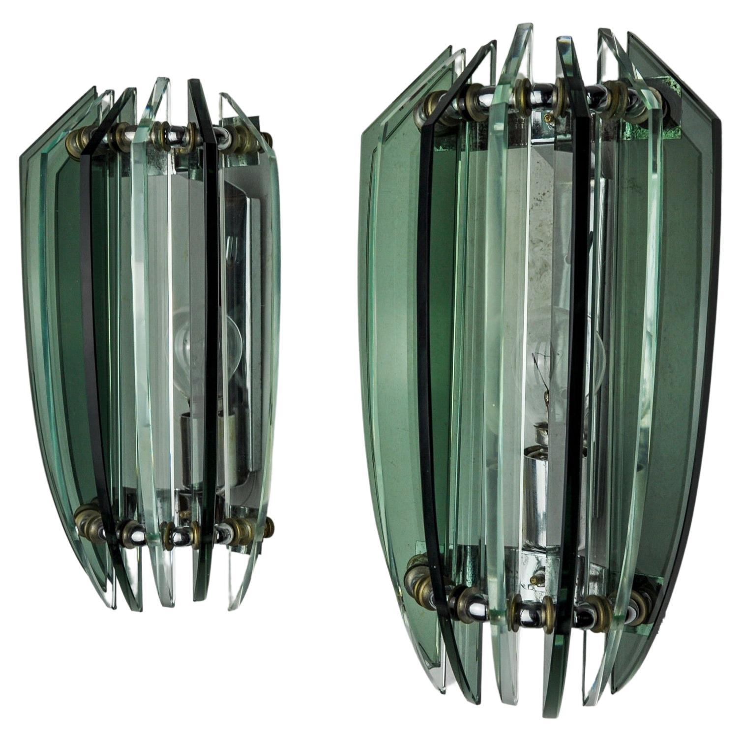 Pair of veca bicolor wall lamps, green murano glass, italy 1970 For Sale