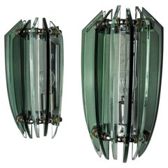 Pair of veca bicolor wall lamps, green murano glass, italy 1970