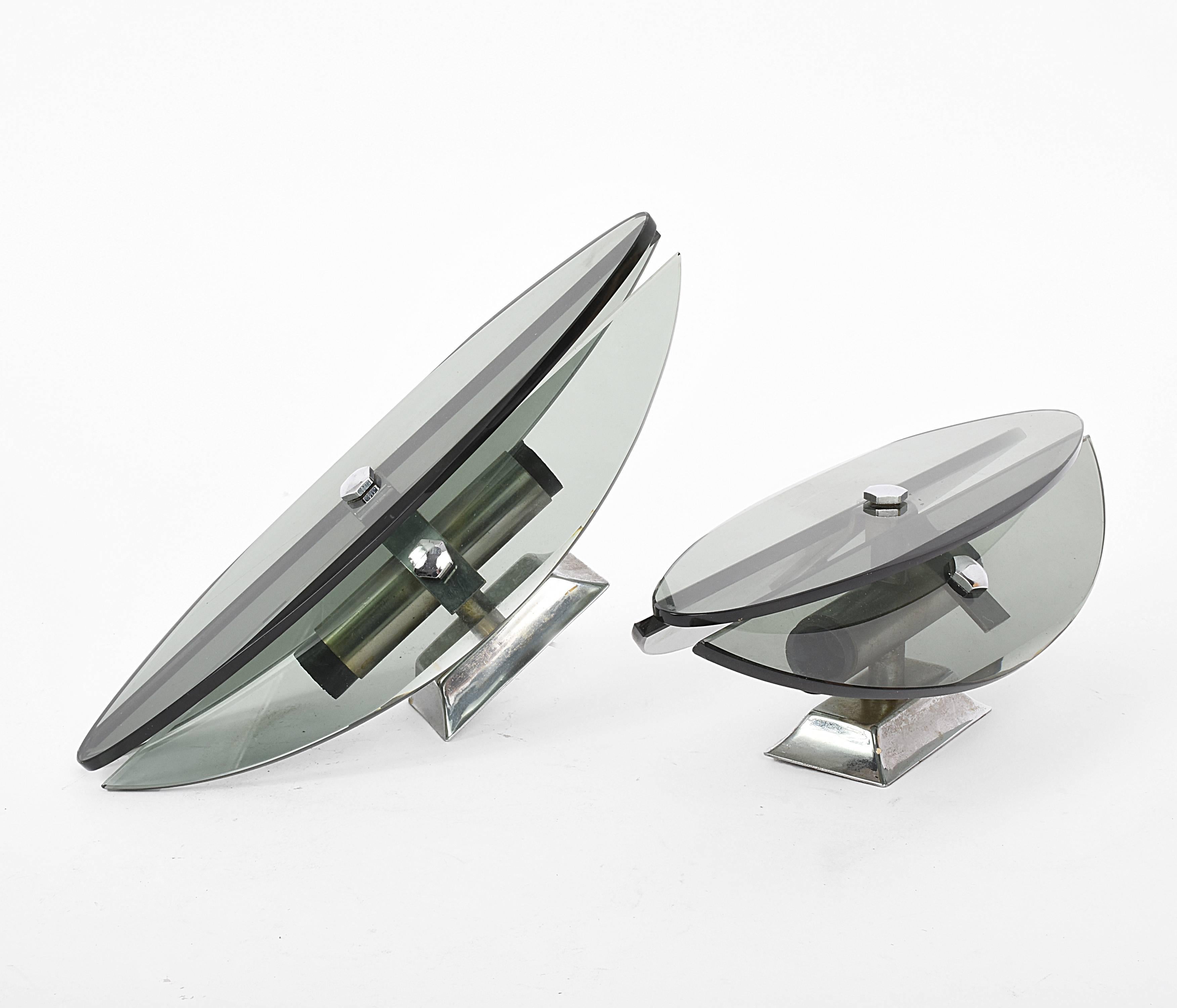 Pair of VECA Midcentury Glass and Chrome Elliptical Italian Sconces, 1960s  In Fair Condition For Sale In Roma, IT