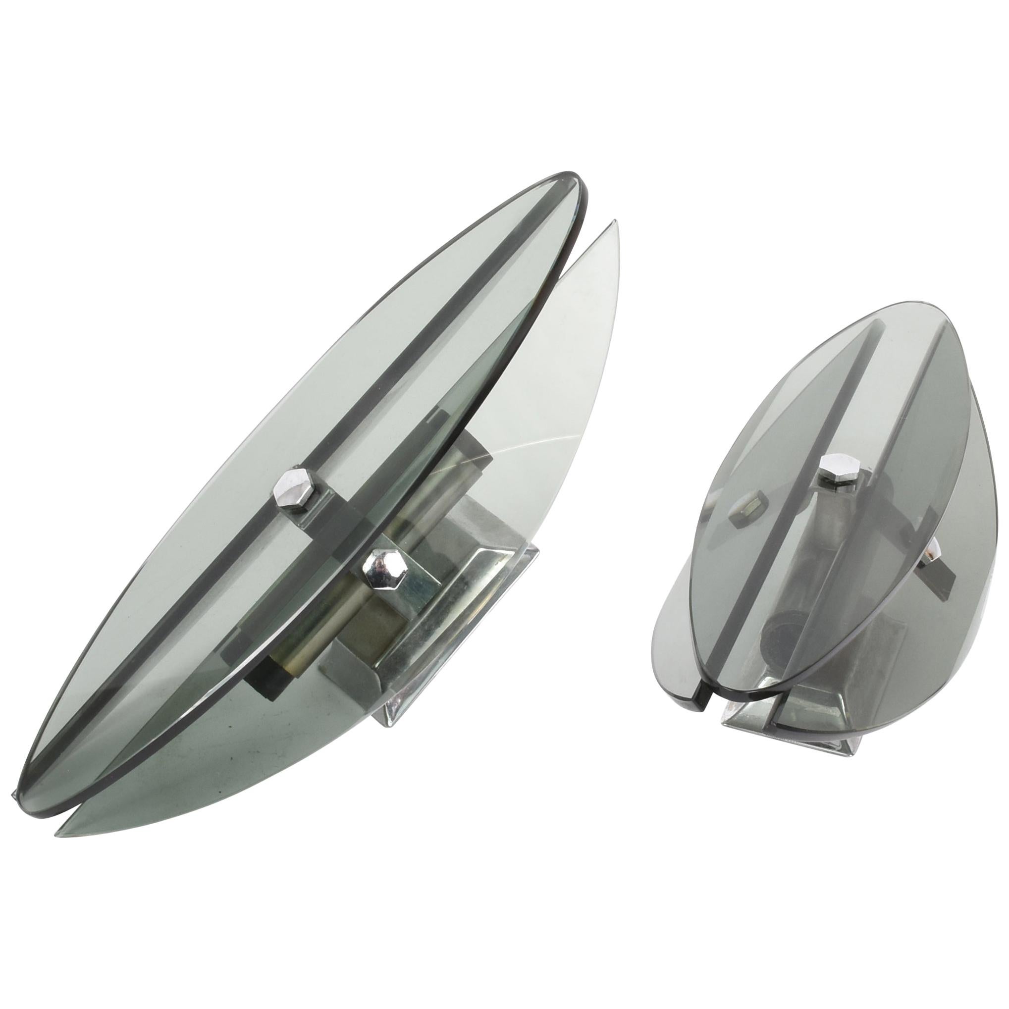 Pair of VECA Midcentury Glass and Chrome Elliptical Italian Sconces, 1960s  For Sale