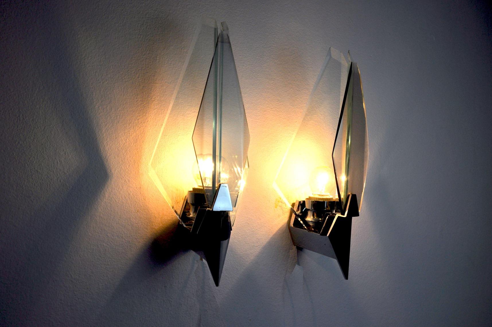 Crystal Pair of Veca Sconces, Italy, 1970s For Sale