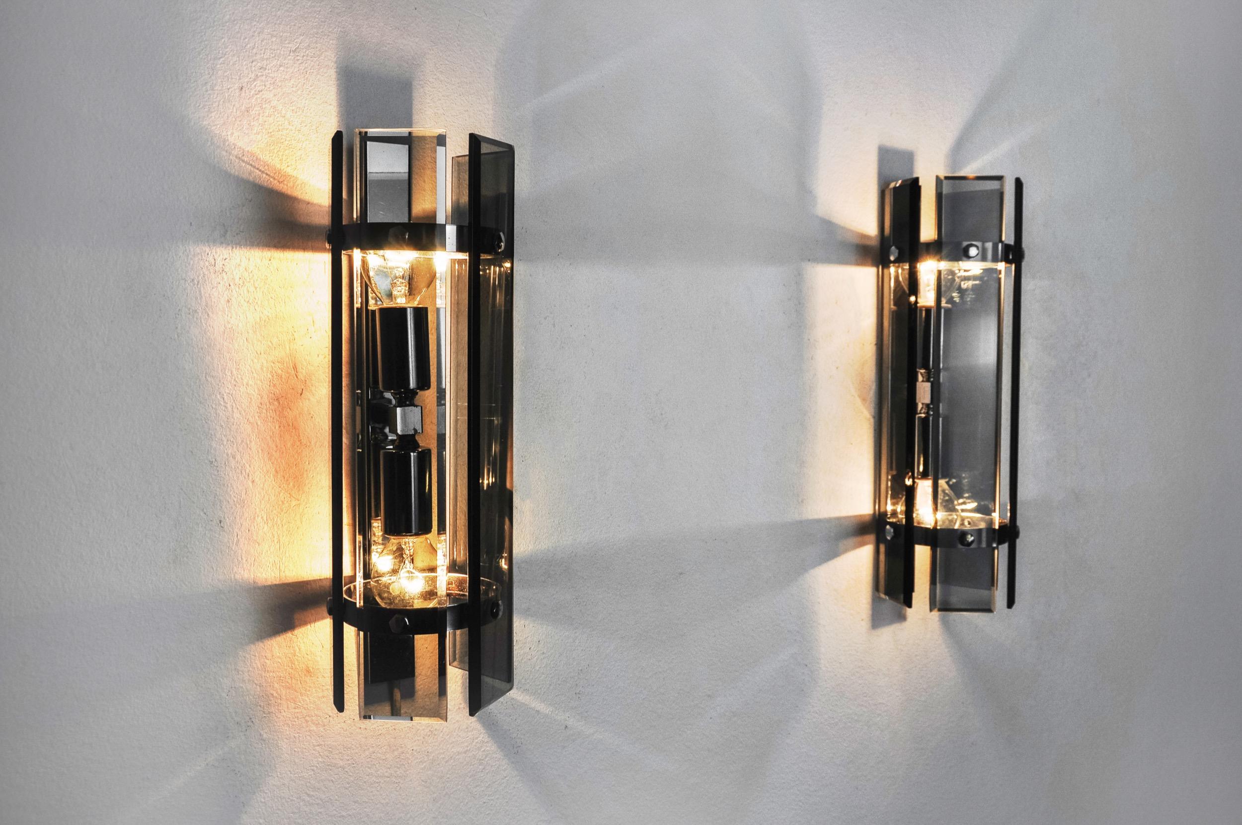 Crystal Pair of Veca Sconces, Murano Beveled Glass, Italy, 1970 For Sale