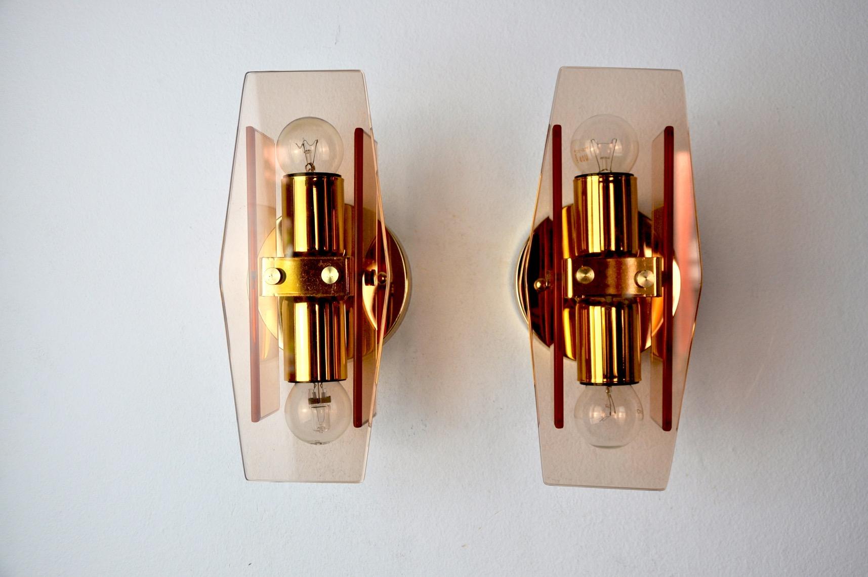 Hollywood Regency Pair of pink Veca Wall Lamps in Murano Glass, Italy, 1970 For Sale
