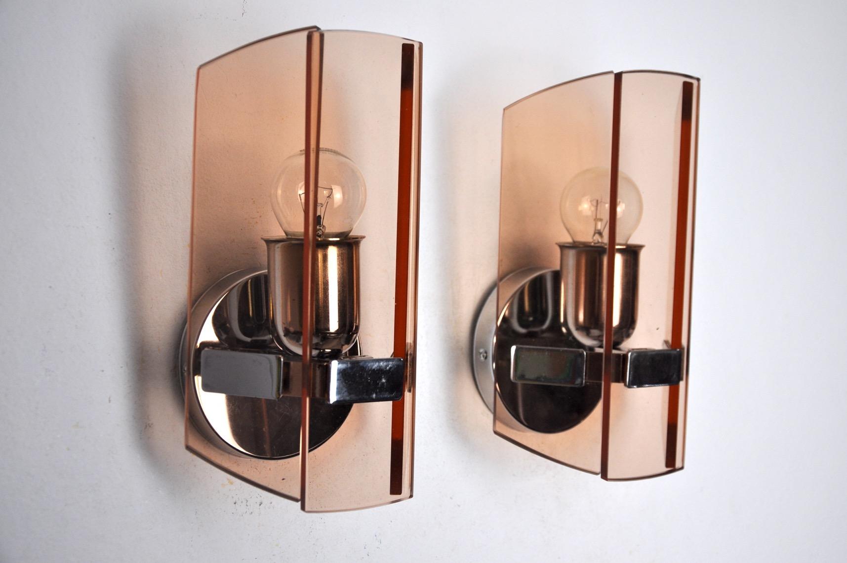 Hollywood Regency Pair of Veca Wall Lamps in Pink Murano Glass, Italy, 1970 For Sale