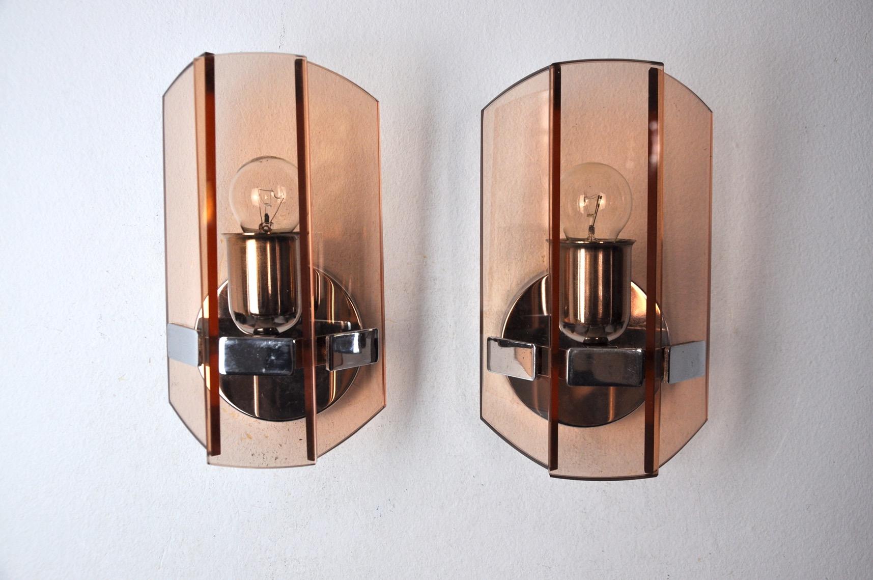 Italian Pair of Veca Wall Lamps in Pink Murano Glass, Italy, 1970 For Sale