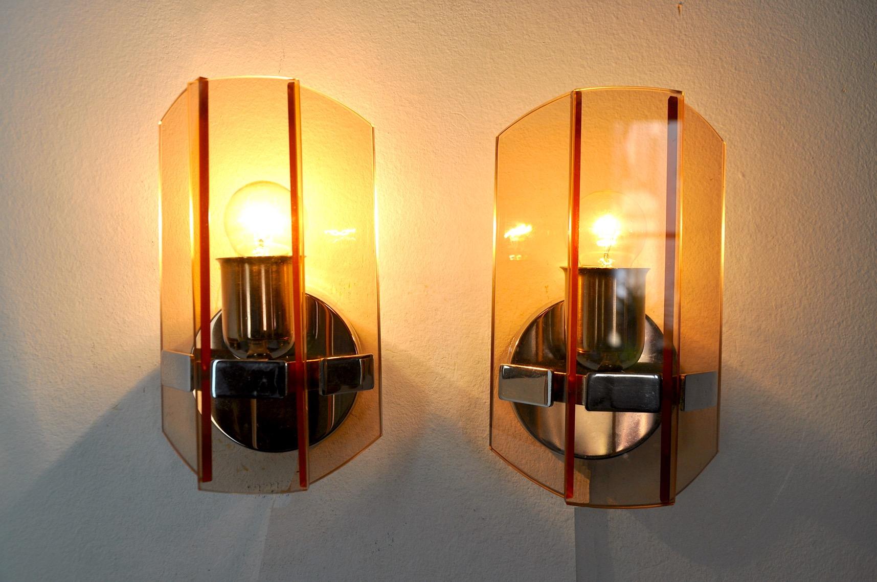 Late 20th Century Pair of Veca Wall Lamps in Pink Murano Glass, Italy, 1970 For Sale