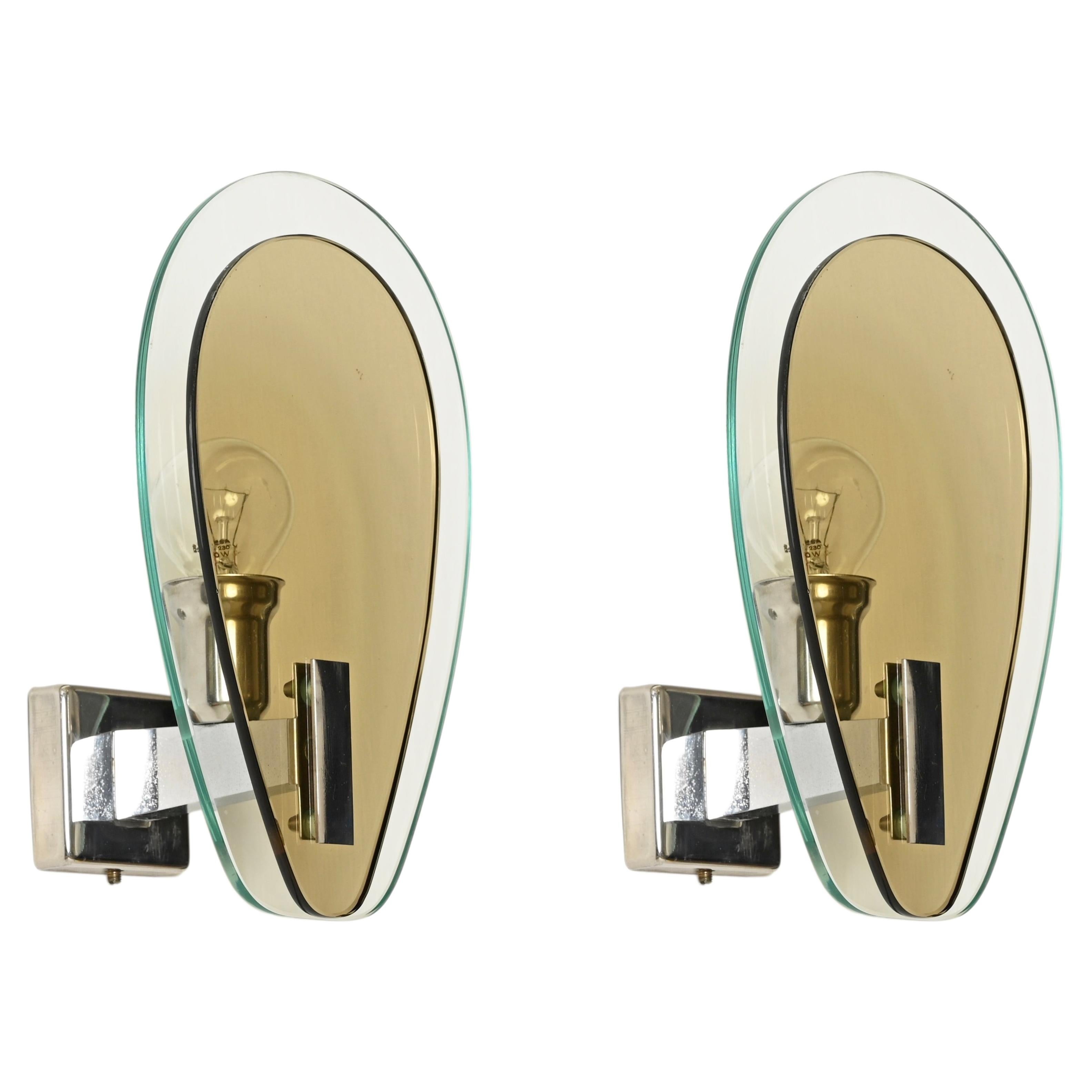 Pair of Veca Wall Sconces in Smoked Bronze Glass and Chrome, Italy 1970s