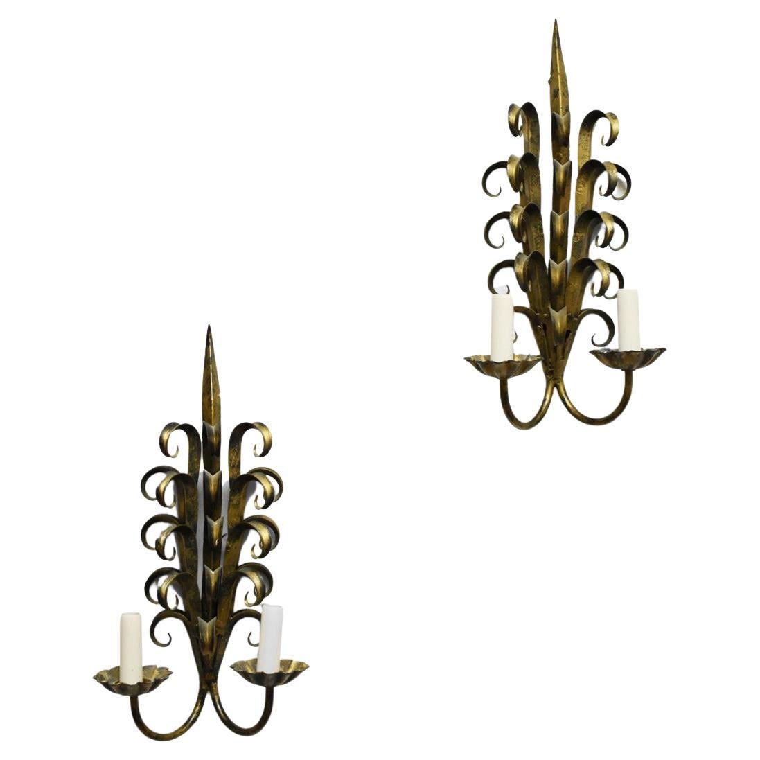 Pair of Vegetal Iron Wall Lamps, 1970s