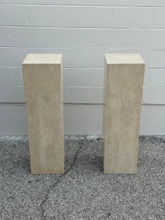 Pair of Vein Cut Italian Beige Travertine Pedestals Art Display - Stands Columns