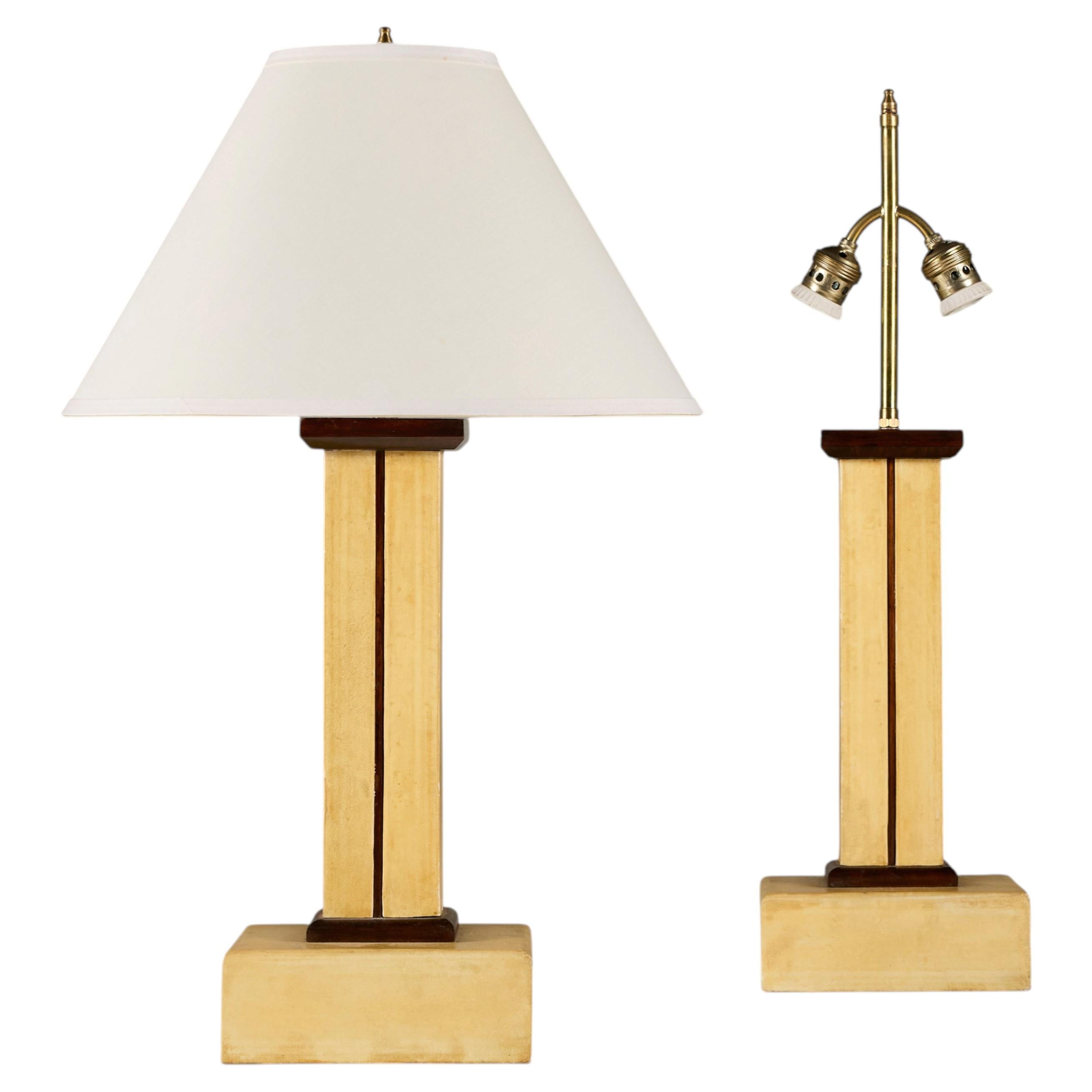 Pair of vellum and wood Art Deco table lamps attributed to Paul Dupré-Lafon