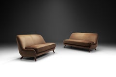 Pair of Velour Two-Seater Sofas with Solid Wood Legs, Europe, ca 1950s