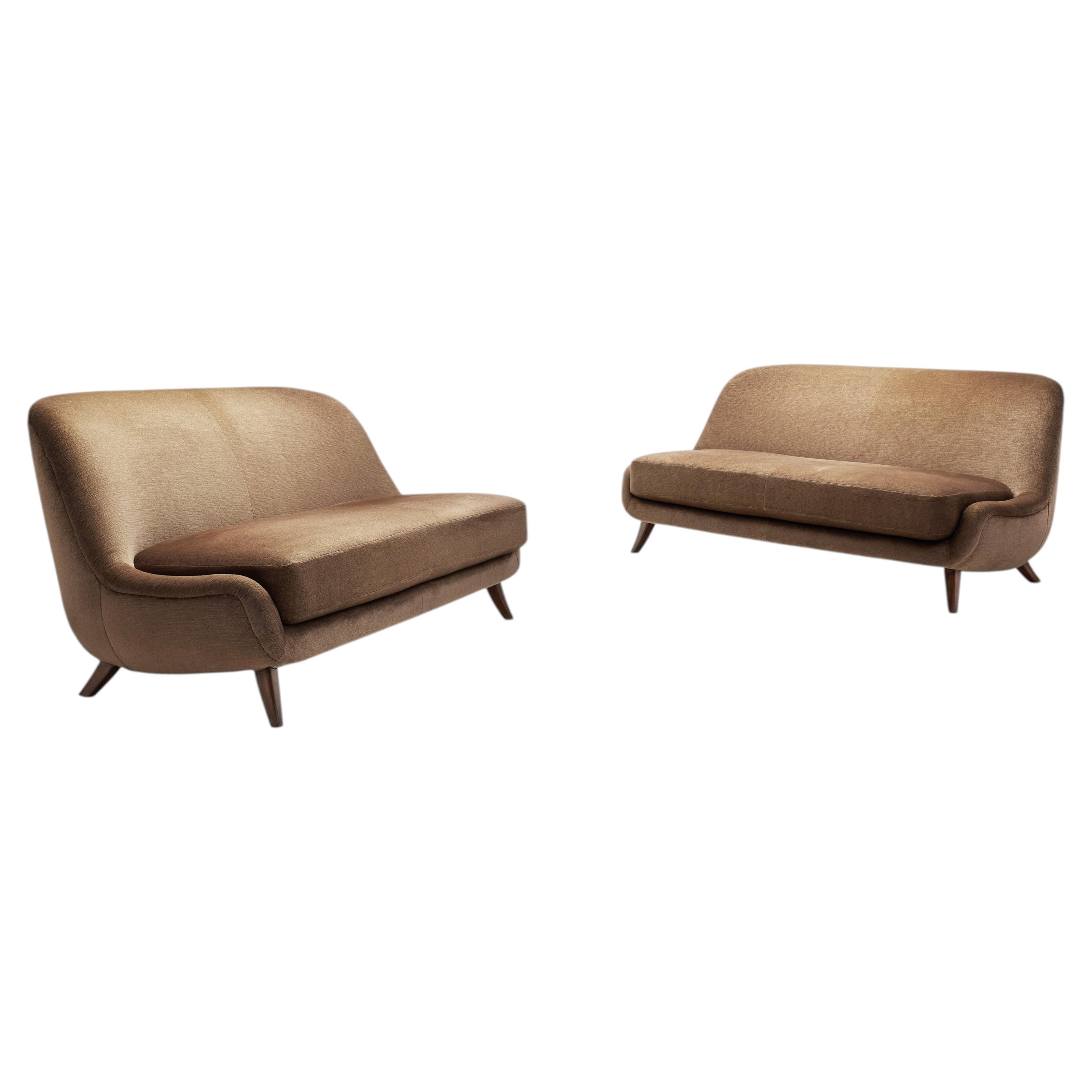Pair of Velour Two-Seater Sofas with Solid Wood Legs, Europe, ca 1950s