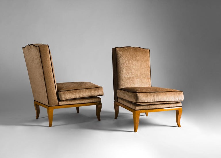 French Pair of Velour Upholstered Art Deco Slipper Chairs, 20th Century For Sale