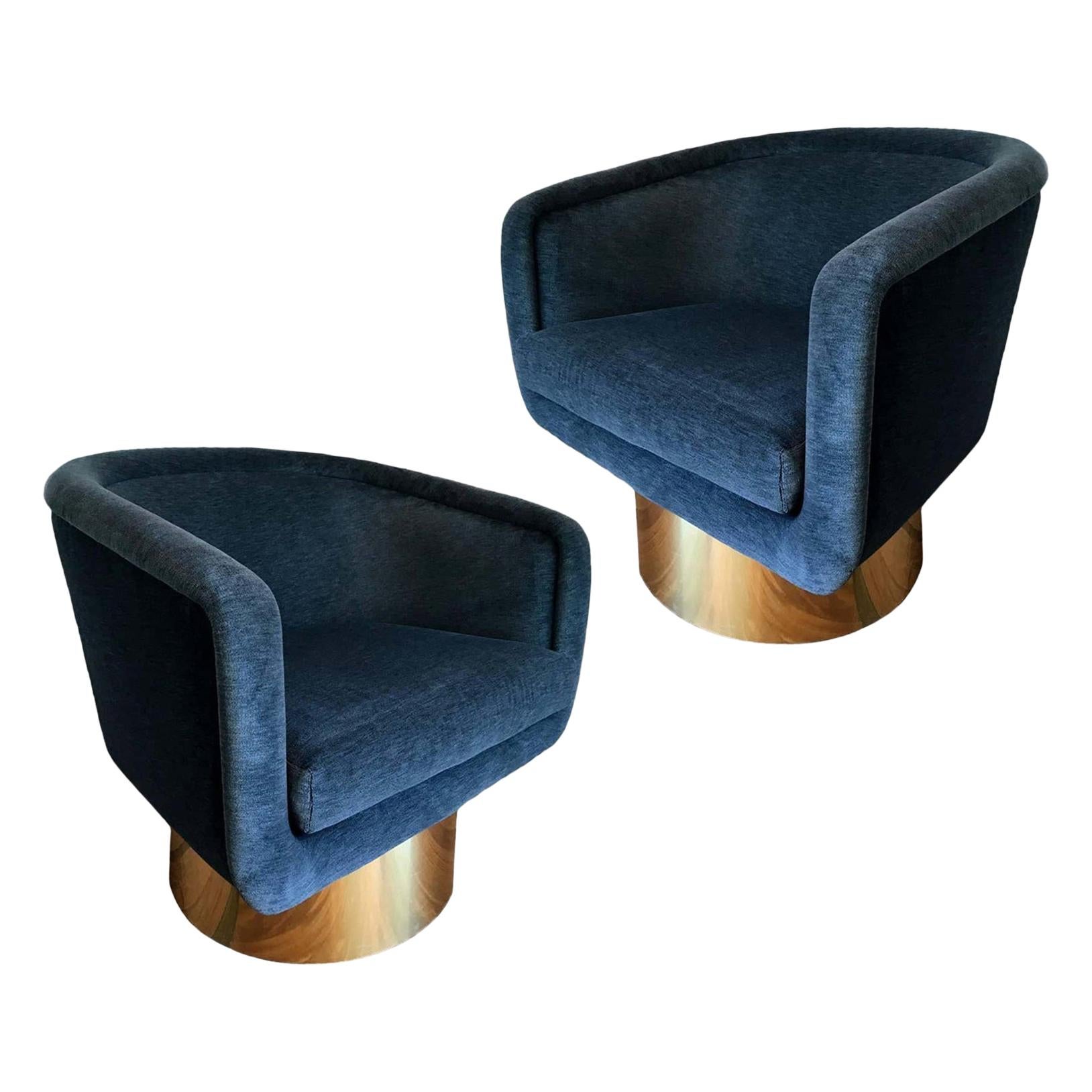 Pair of Velvet and Brass Swivel Chairs by Leon Rosen for Pace