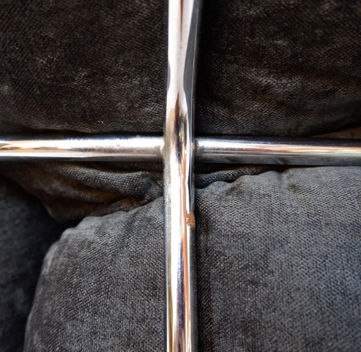 Pair of velvet and chrome Italian club chairs - new dark gray upholstery.