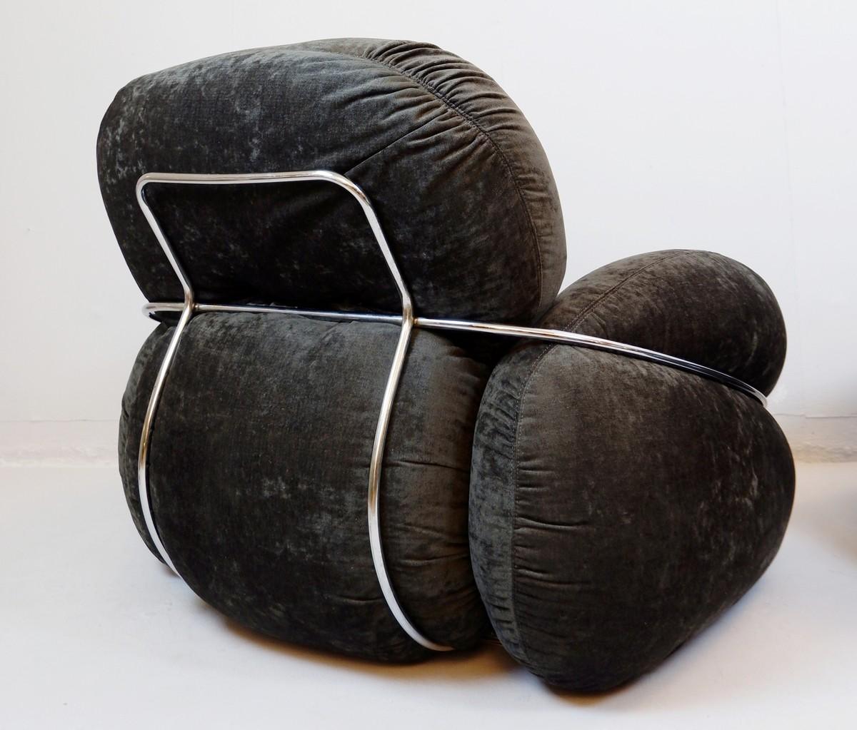Pair of Velvet and Chrome Italian Club Chairs, New Dark Gray Upholstery In Fair Condition In Brussels, BE