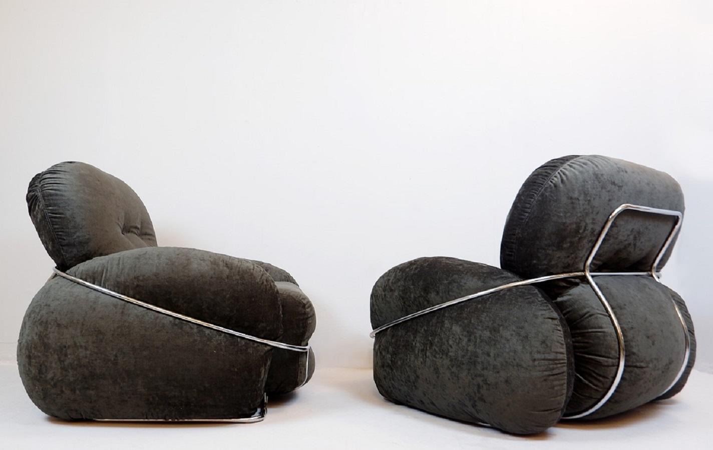 20th Century Pair of Velvet and Chrome Italian Club Chairs, New Dark Gray Upholstery