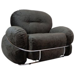 Pair of Velvet and Chrome Italian Club Chairs, New Dark Gray Upholstery