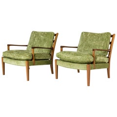 Pair of Velvet and Mahogany "Löven" Armchairs by Arne Norell, Sweden, 1960s