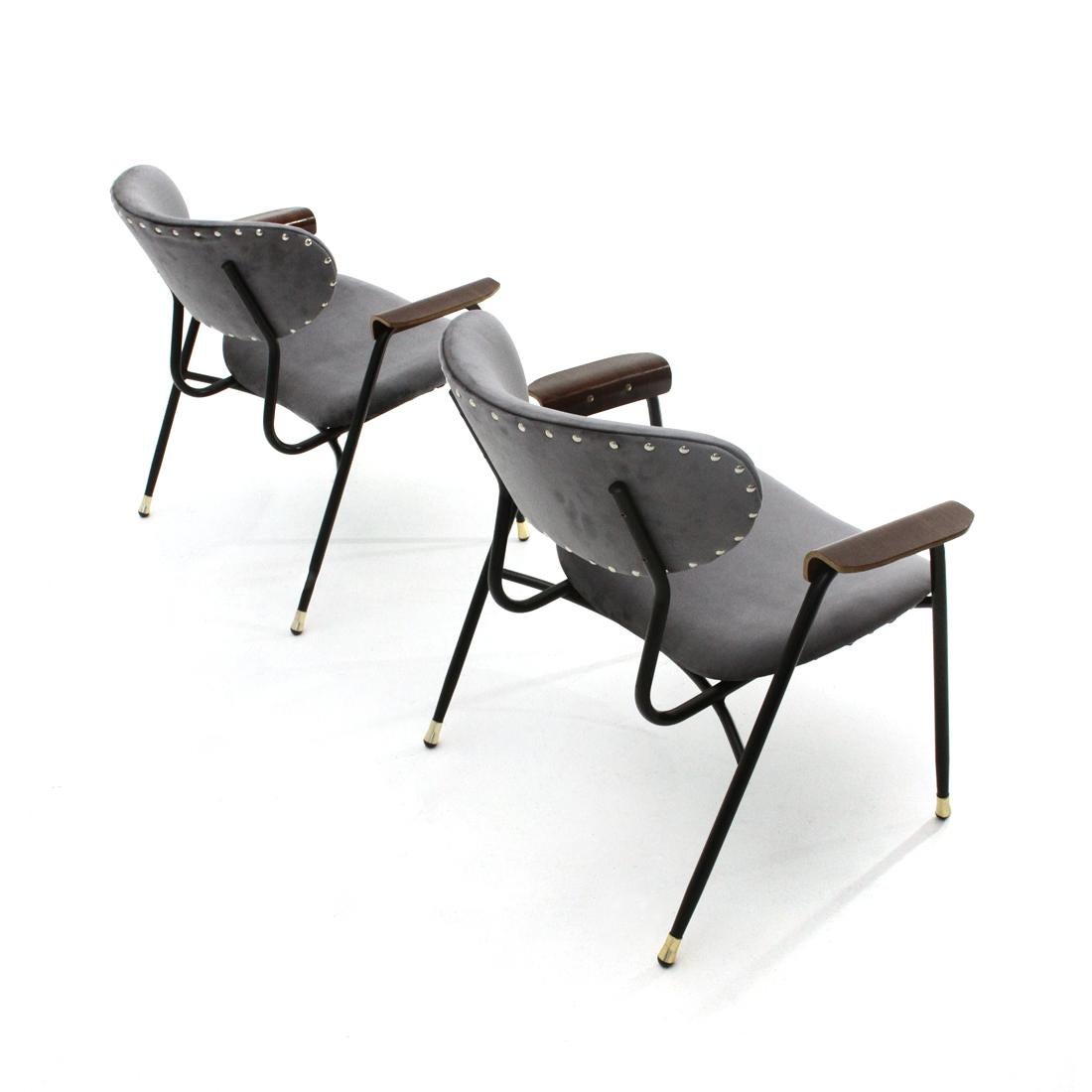 Metal Pair of Velvet Armchairs with Curved Plywood Armrests, 1950s
