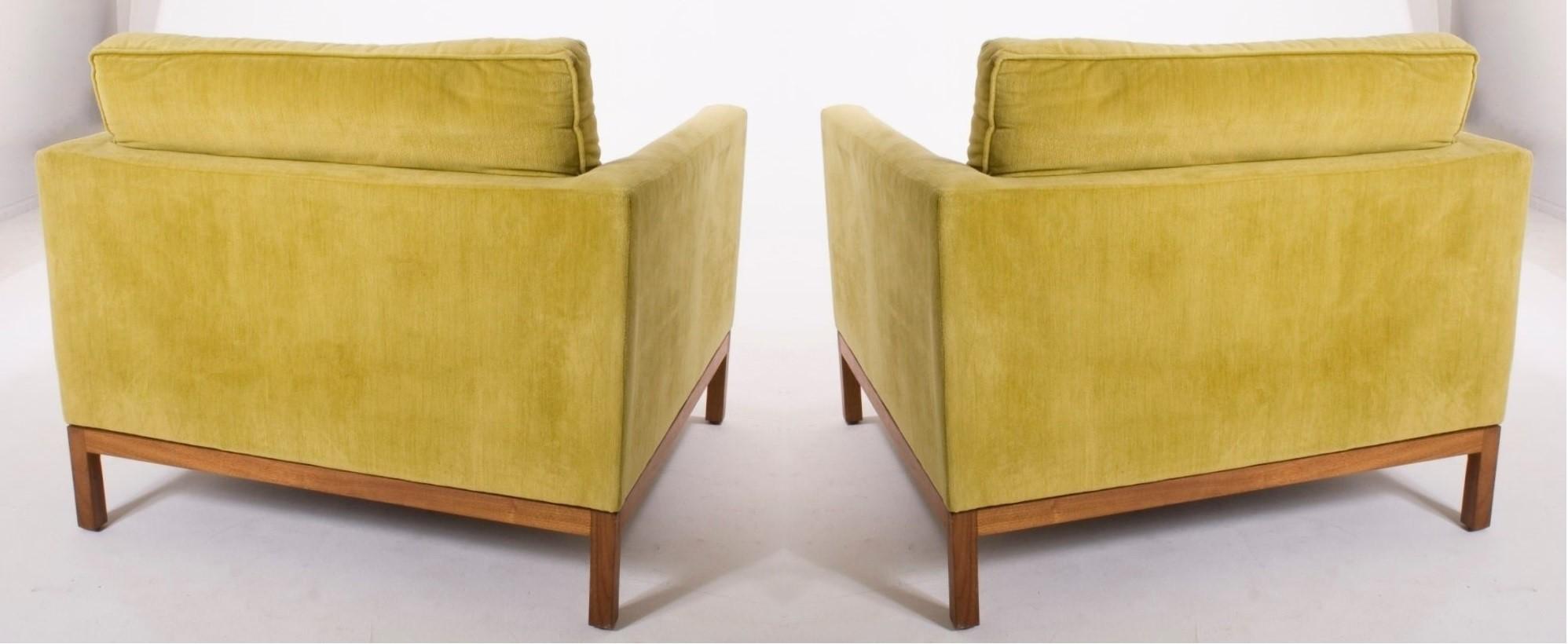 Mid-Century Modern Pair of Velvet Florence Knoll Club / Lounge Chairs with Wood Bases