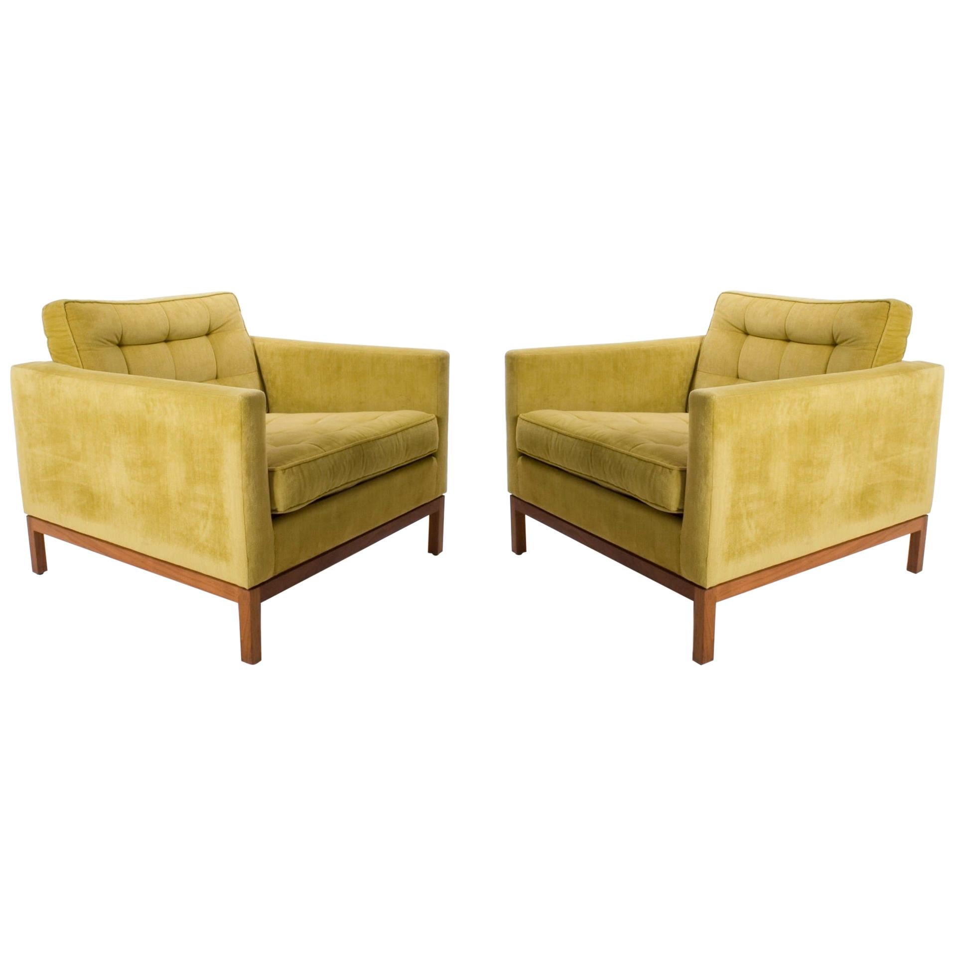 Pair of Velvet Florence Knoll Club / Lounge Chairs with Wood Bases